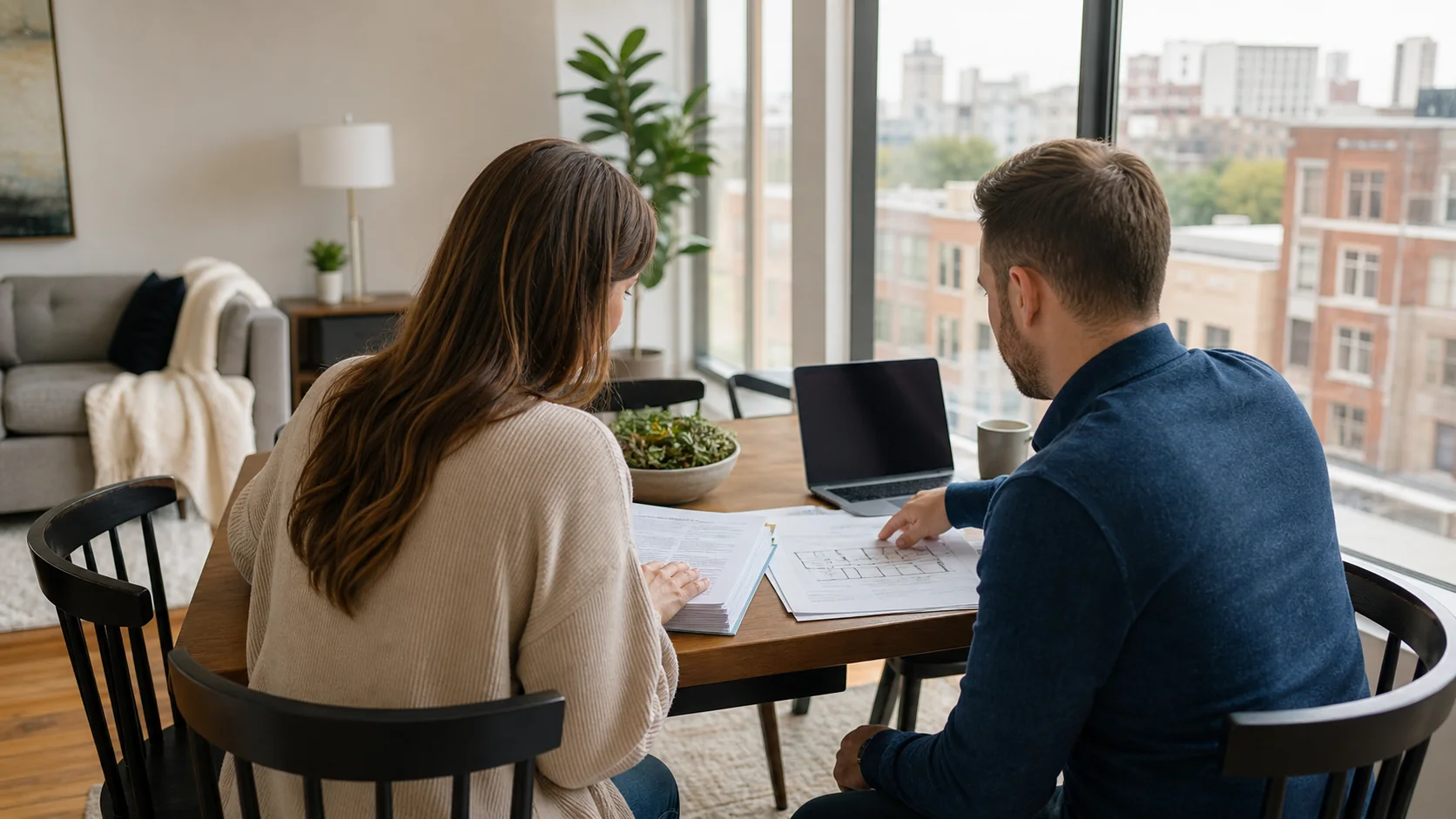 Condo buyer and real estate professional reviewing association documents in a Milwaukee County condominium