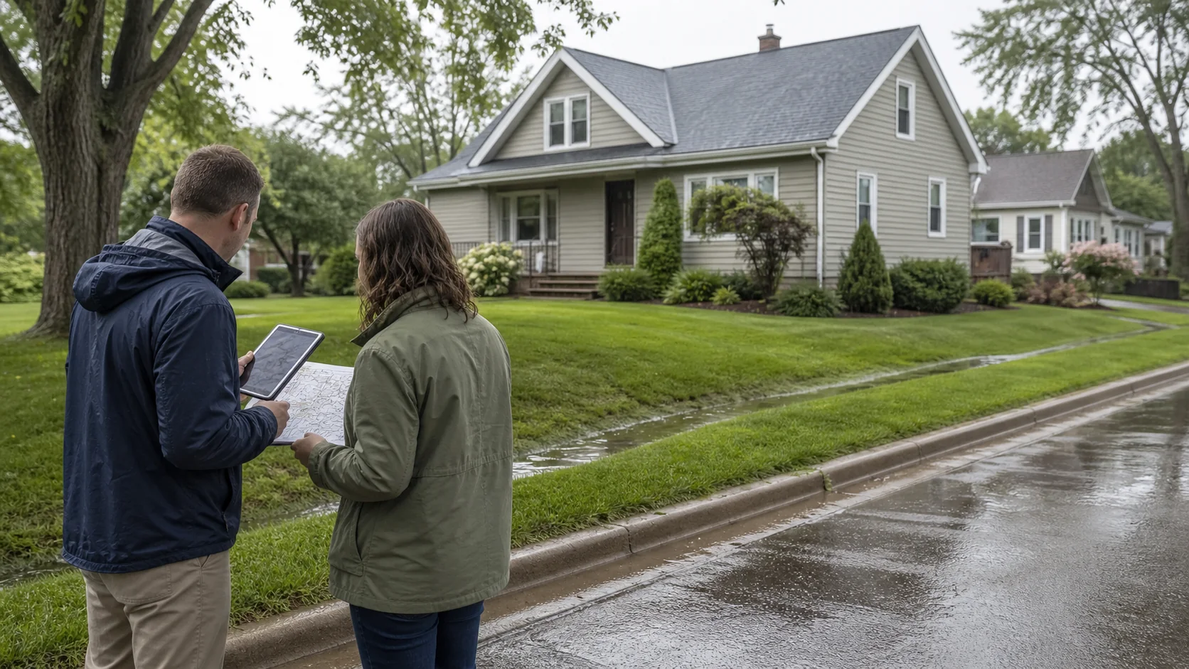 Homebuyer and real estate professional reviewing a property map outside a Racine County home after rain
