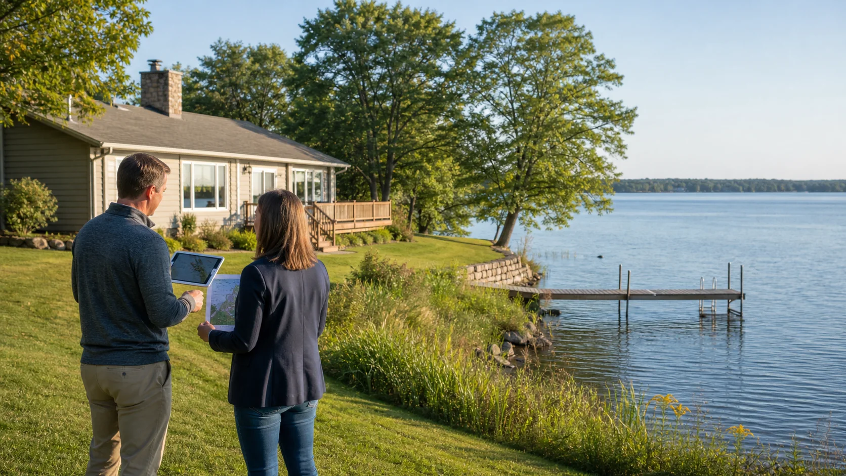 Homebuyer and real estate professional reviewing a parcel map beside a Walworth County lakefront home
