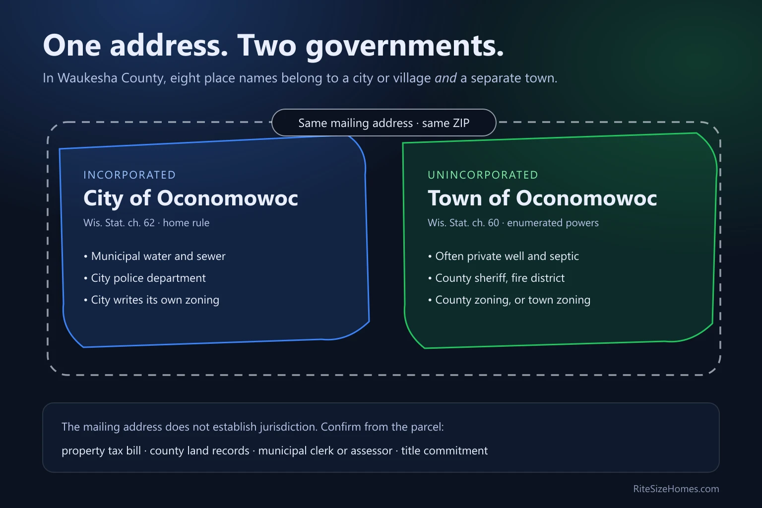 Diagram showing the City of Oconomowoc and the Town of Oconomowoc inside one shared mailing area, with the utilities, services, and zoning authority that differ between them
