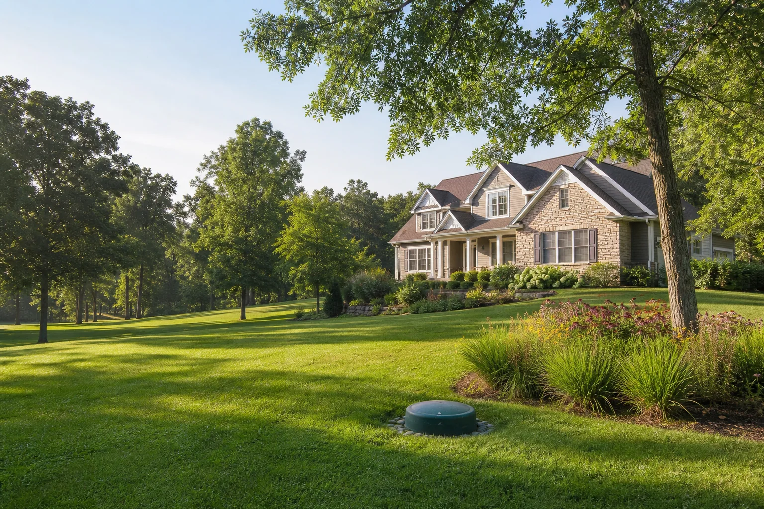 Waukesha County home with a private well cap in the landscaped yard